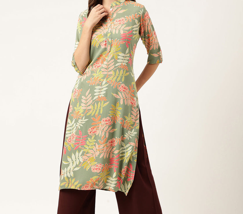 Divena Green Floral Digital Printed Straight Fold Sleeve Kurta