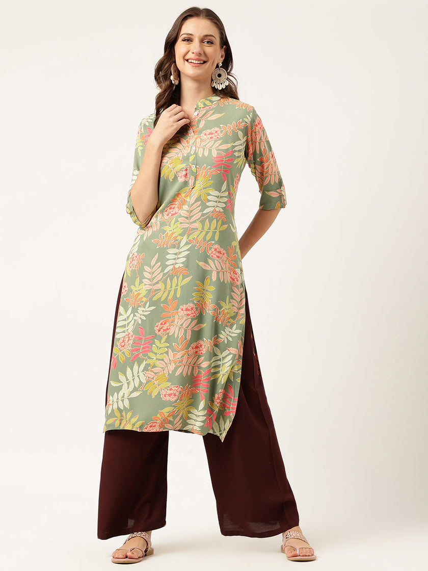 Divena Green Floral Digital Printed Straight Fold Sleeve Kurta