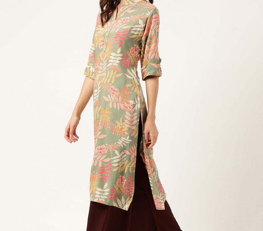 Divena Green Floral Digital Printed Straight Fold Sleeve Kurta