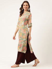 Divena Green Floral Digital Printed Straight Fold Sleeve Kurta