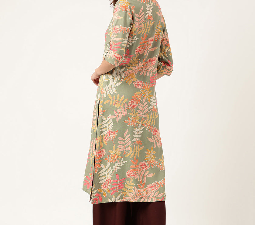 Divena Green Floral Digital Printed Straight Fold Sleeve Kurta