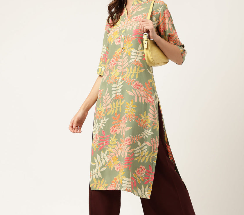 Divena Green Floral Digital Printed Straight Fold Sleeve Kurta