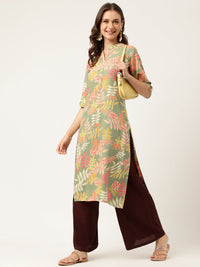 Divena Green Floral Digital Printed Straight Fold Sleeve Kurta