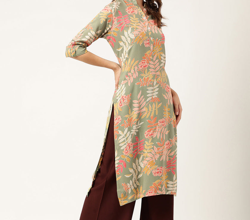 Divena Green Floral Digital Printed Straight Fold Sleeve Kurta