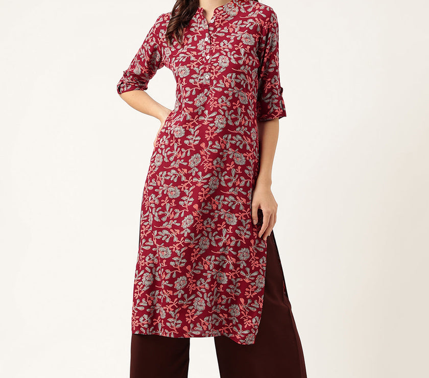 Divena Maroon Floral Digital Printed Straight Fold Sleeve Kurta