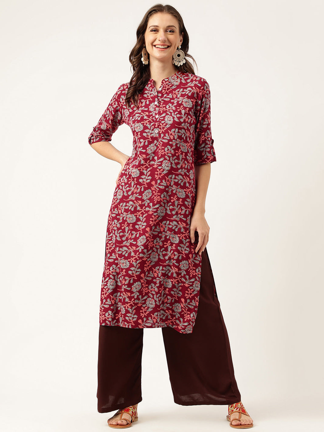 Divena Maroon Floral Digital Printed Straight Fold Sleeve Kurta