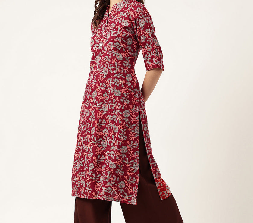 Divena Maroon Floral Digital Printed Straight Fold Sleeve Kurta