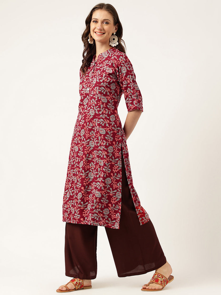 Divena Maroon Floral Digital Printed Straight Fold Sleeve Kurta