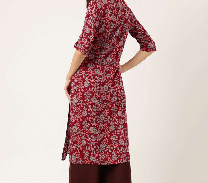 Divena Maroon Floral Digital Printed Straight Fold Sleeve Kurta