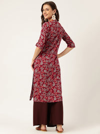 Divena Maroon Floral Digital Printed Straight Fold Sleeve Kurta