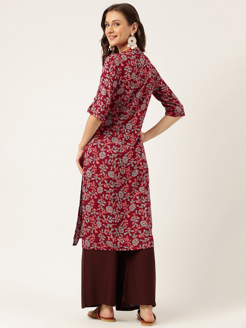 Divena Maroon Floral Digital Printed Straight Fold Sleeve Kurta