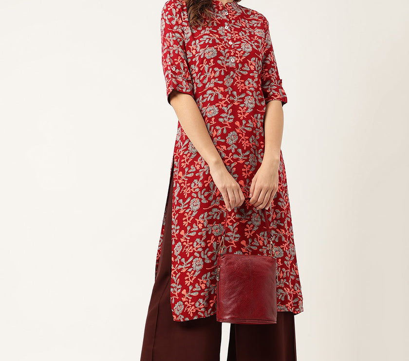 Divena Maroon Floral Digital Printed Straight Fold Sleeve Kurta