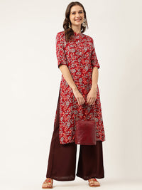 Divena Maroon Floral Digital Printed Straight Fold Sleeve Kurta