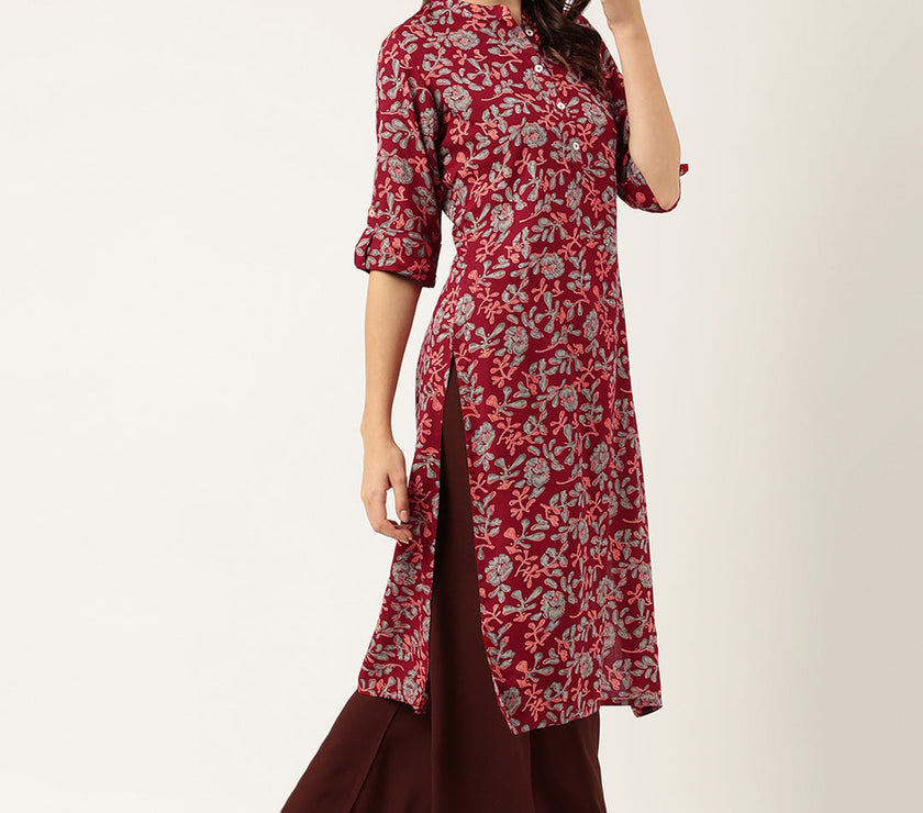 Divena Maroon Floral Digital Printed Straight Fold Sleeve Kurta