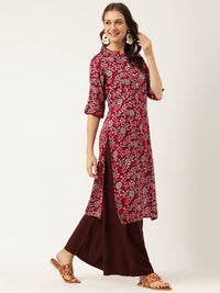 Divena Maroon Floral Digital Printed Straight Fold Sleeve Kurta