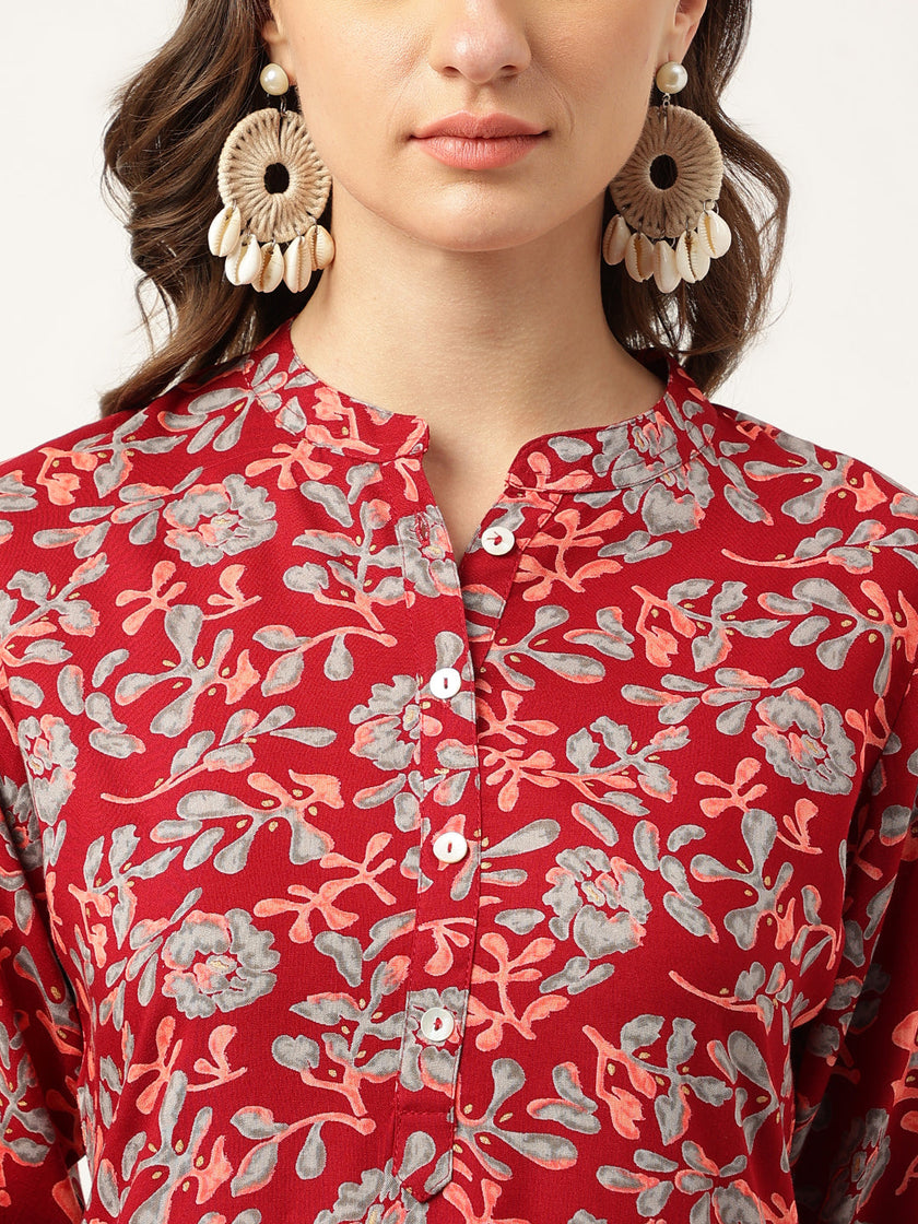 Divena Maroon Floral Digital Printed Straight Fold Sleeve Kurta