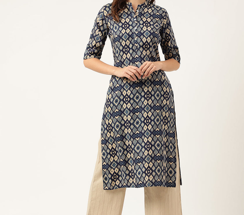 Divena Navy Blue Floral Digital Printed Straight Fold Sleeve Kurta