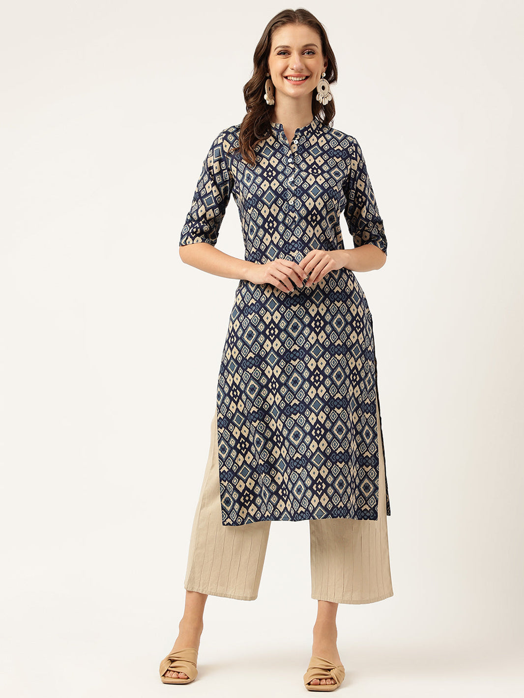 Divena Navy Blue Floral Digital Printed Straight Fold Sleeve Kurta