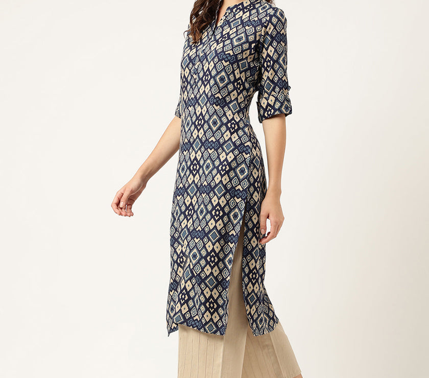 Divena Navy Blue Floral Digital Printed Straight Fold Sleeve Kurta