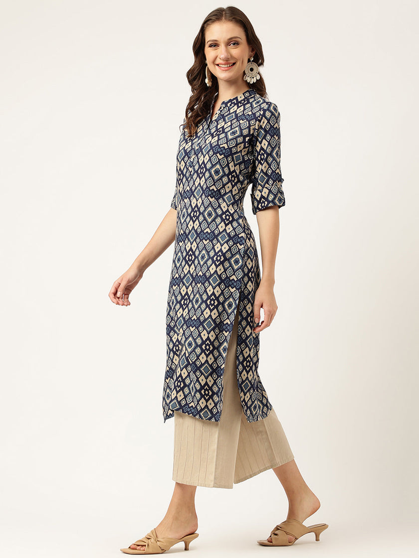 Divena Navy Blue Floral Digital Printed Straight Fold Sleeve Kurta