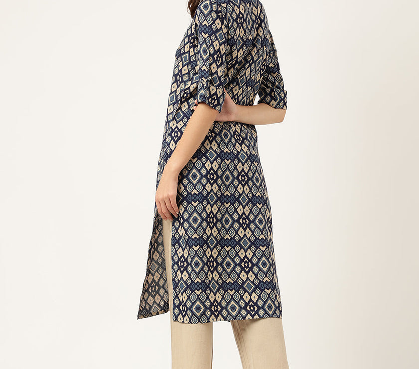 Divena Navy Blue Floral Digital Printed Straight Fold Sleeve Kurta