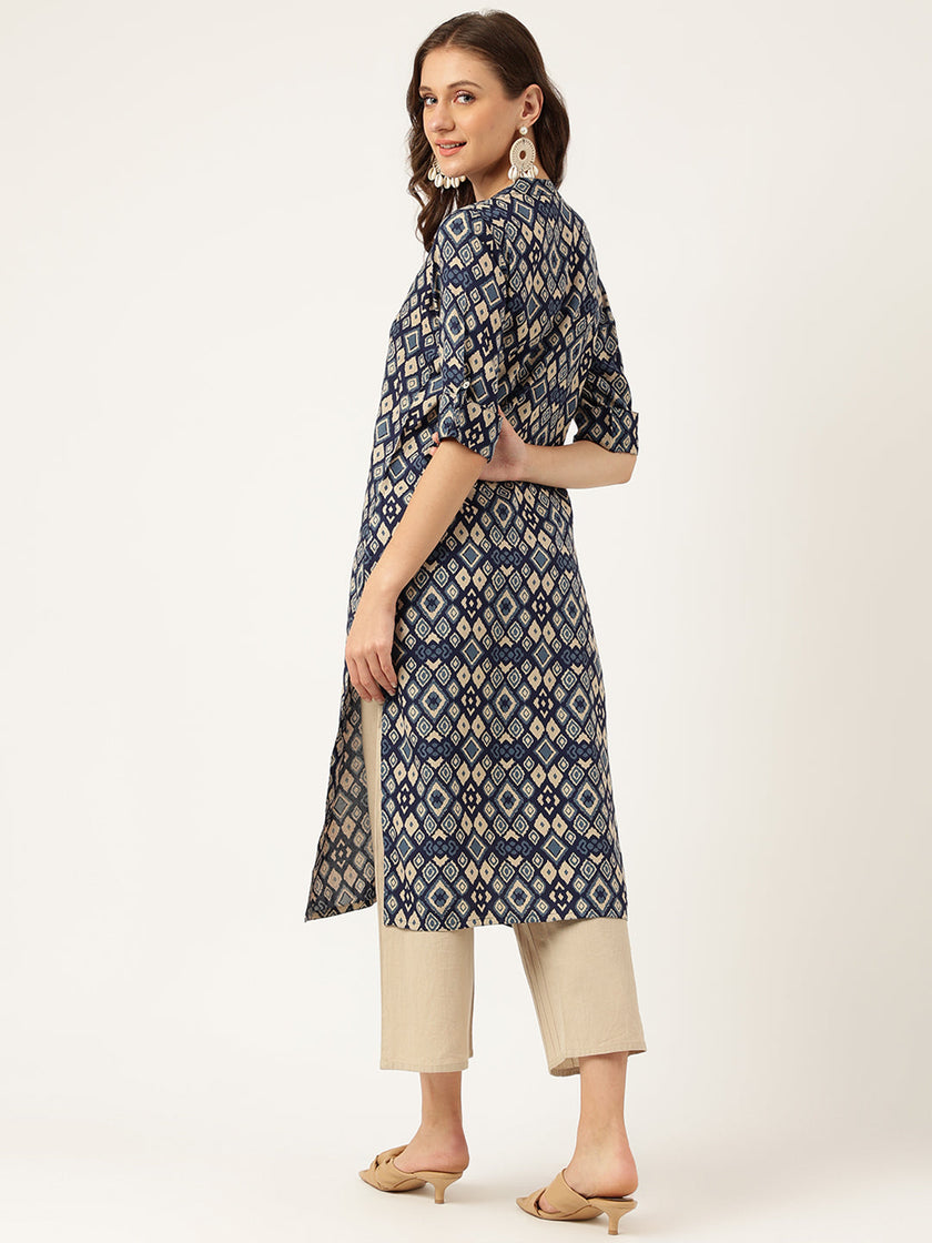 Divena Navy Blue Floral Digital Printed Straight Fold Sleeve Kurta