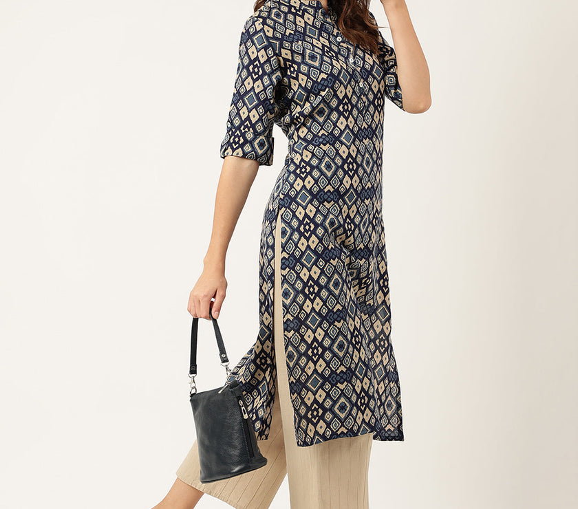 Divena Navy Blue Floral Digital Printed Straight Fold Sleeve Kurta