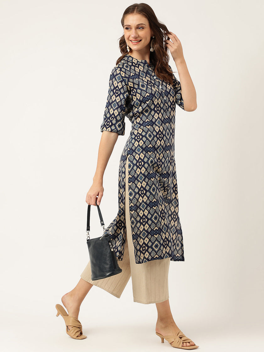 Divena Navy Blue Floral Digital Printed Straight Fold Sleeve Kurta