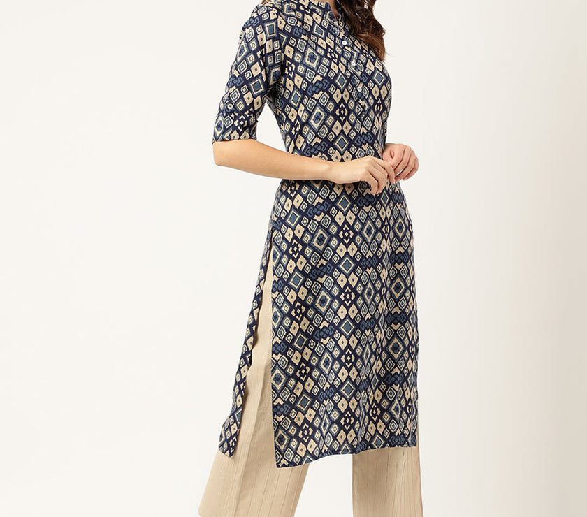 Divena Navy Blue Floral Digital Printed Straight Fold Sleeve Kurta