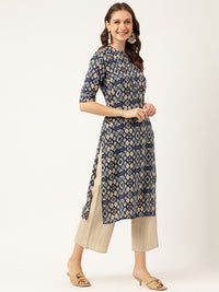 Divena Navy Blue Floral Digital Printed Straight Fold Sleeve Kurta