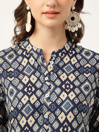 Divena Navy Blue Floral Digital Printed Straight Fold Sleeve Kurta