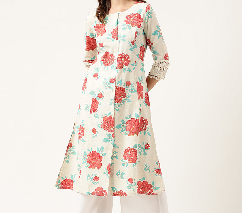 Divena Cream Floral Printed Cotton A-Line  Kurta