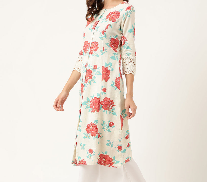 Divena Cream Floral Printed Cotton A-Line  Kurta