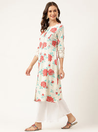 Divena Cream Floral Printed Cotton A-Line  Kurta