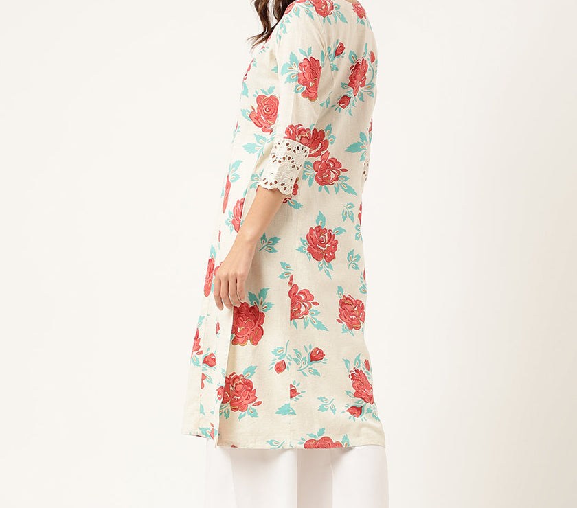 Divena Cream Floral Printed Cotton A-Line  Kurta