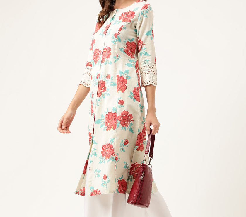 Divena Cream Floral Printed Cotton A-Line  Kurta