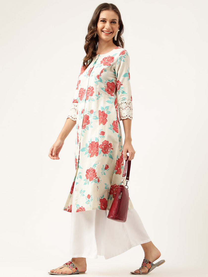 Divena Cream Floral Printed Cotton A-Line  Kurta