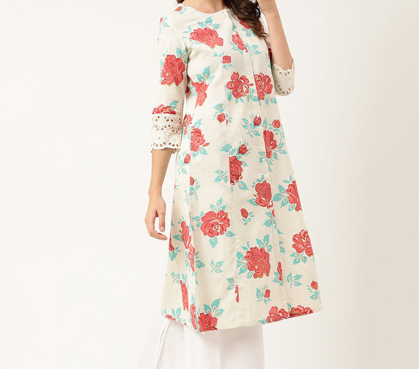 Divena Cream Floral Printed Cotton A-Line  Kurta