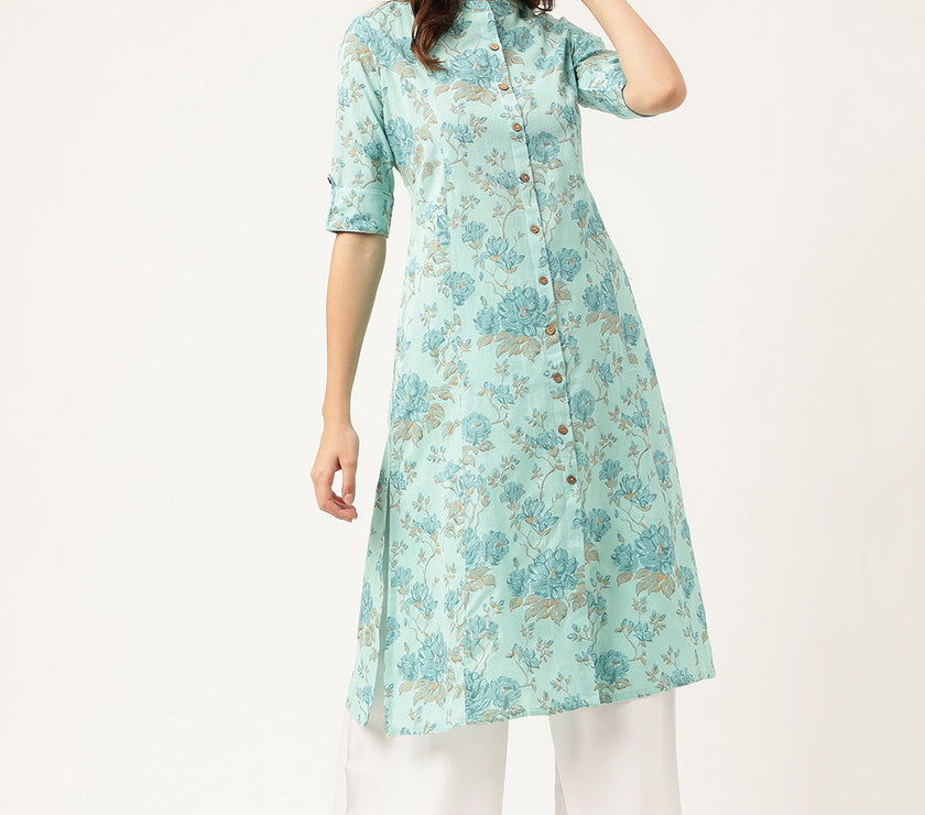 Divena Sea Green Floral Printed Cotton A-Line  Kurta