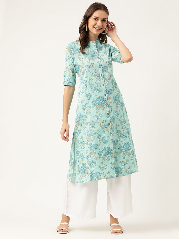 Divena Sea Green Floral Printed Cotton A-Line  Kurta