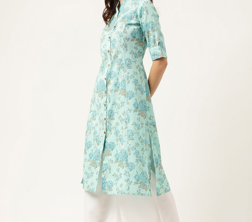 Divena Sea Green Floral Printed Cotton A-Line  Kurta