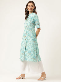 Divena Sea Green Floral Printed Cotton A-Line  Kurta