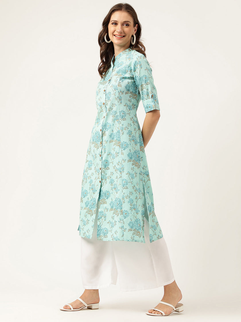 Divena Sea Green Floral Printed Cotton A-Line  Kurta