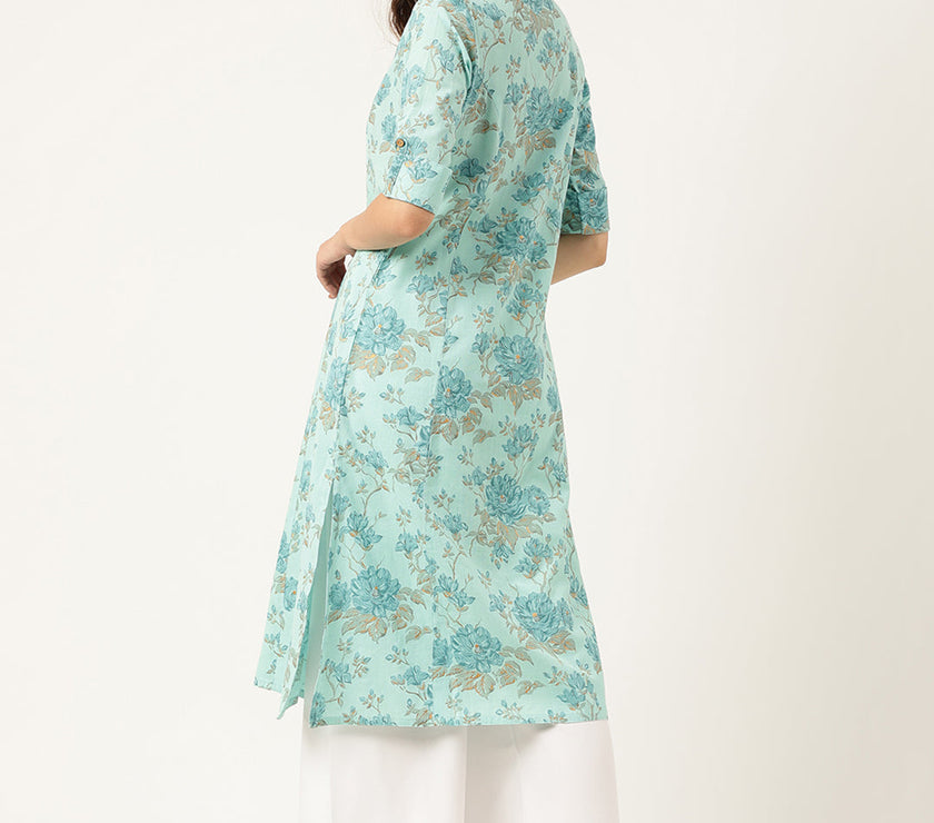 Divena Sea Green Floral Printed Cotton A-Line  Kurta