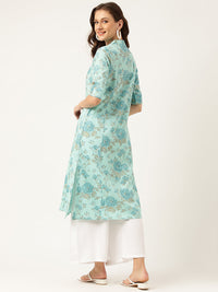 Divena Sea Green Floral Printed Cotton A-Line  Kurta