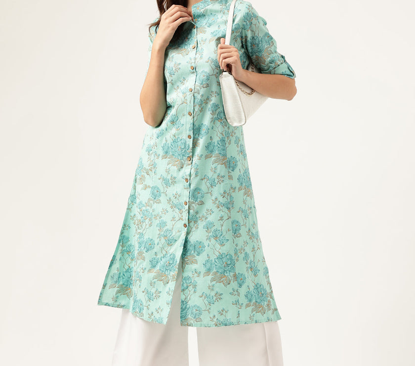 Divena Sea Green Floral Printed Cotton A-Line  Kurta