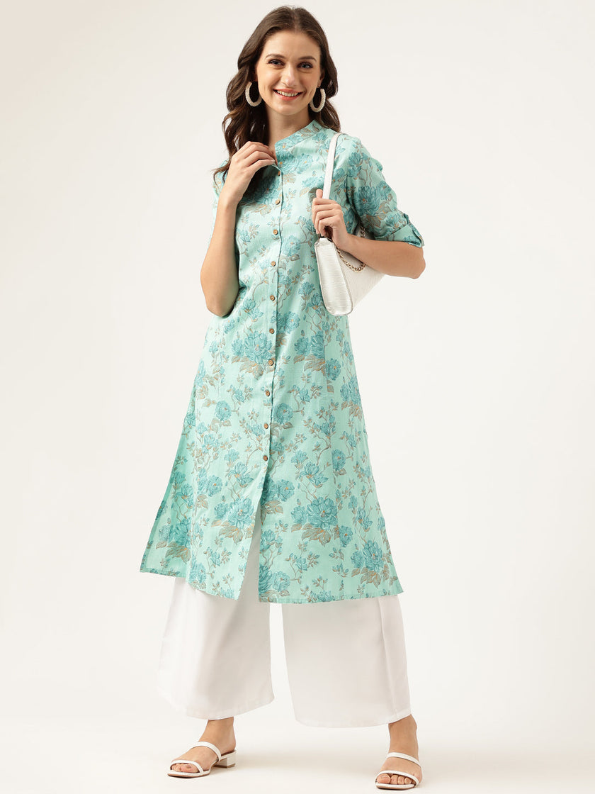 Divena Sea Green Floral Printed Cotton A-Line  Kurta