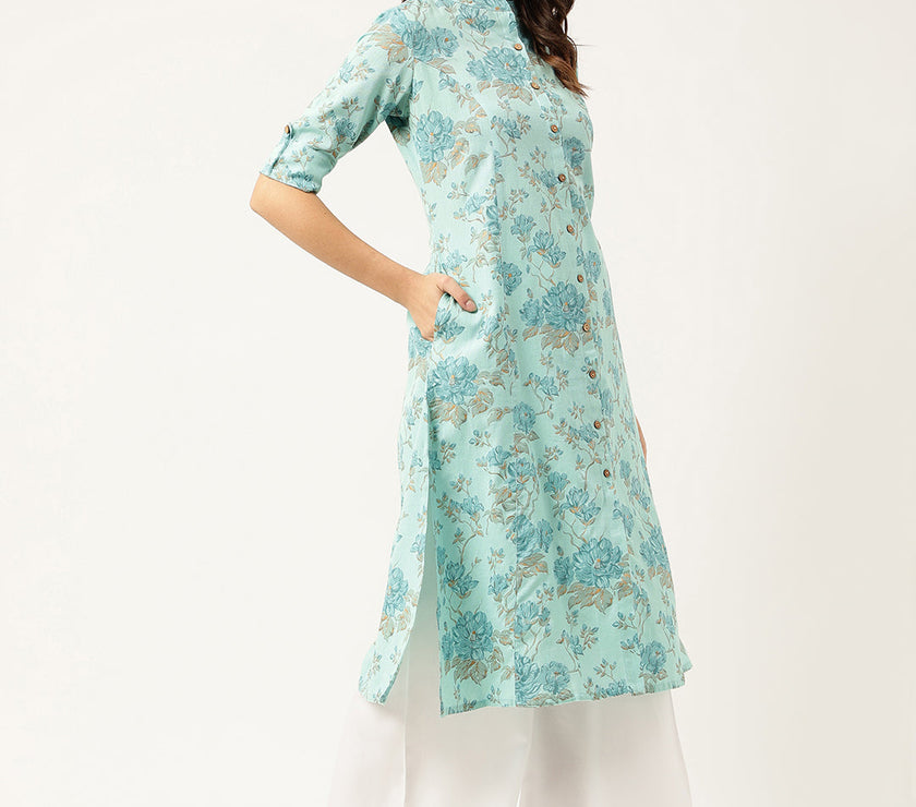 Divena Sea Green Floral Printed Cotton A-Line  Kurta