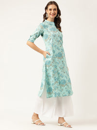 Divena Sea Green Floral Printed Cotton A-Line  Kurta