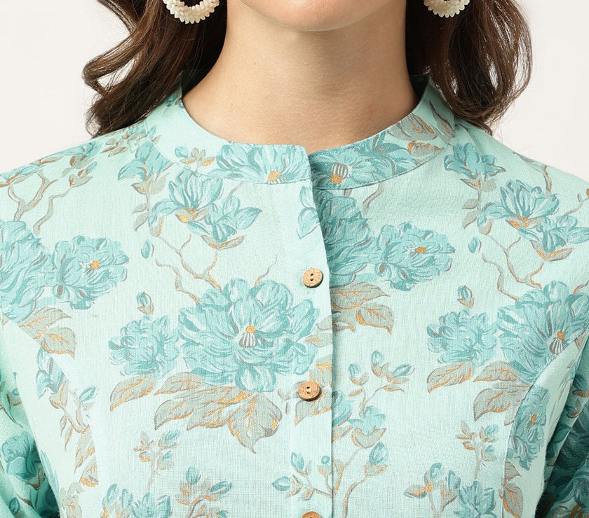 Divena Sea Green Floral Printed Cotton A-Line  Kurta